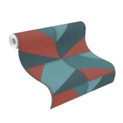 Tapete Vlies Rasch Leder-Kacheln Blau Orange-rot 419269